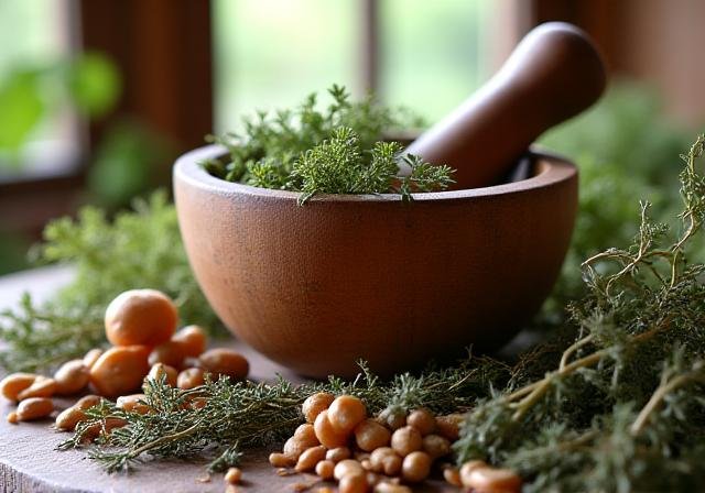 A variety of dried herbs and a wooden mortar and pestle on a sunlit table
