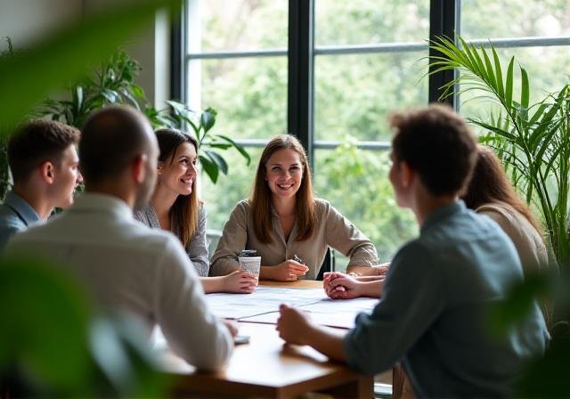 A group of professionals engaged in a workshop in a bright, green-filled space