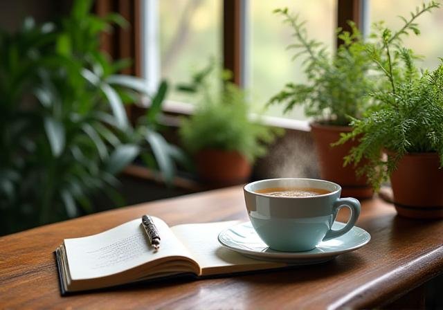 Soothing botanical workspace with herbal tea