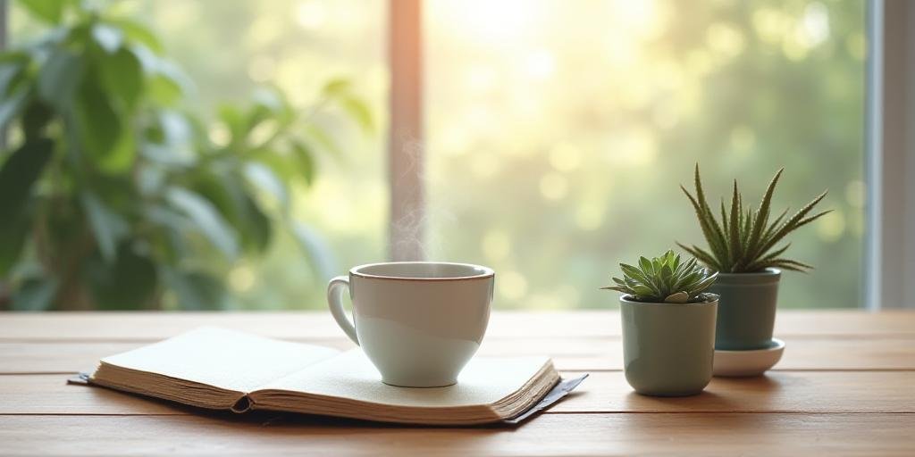 A serene and organized desk with herbal tea and a journal reflecting a professional yet natural workspace
