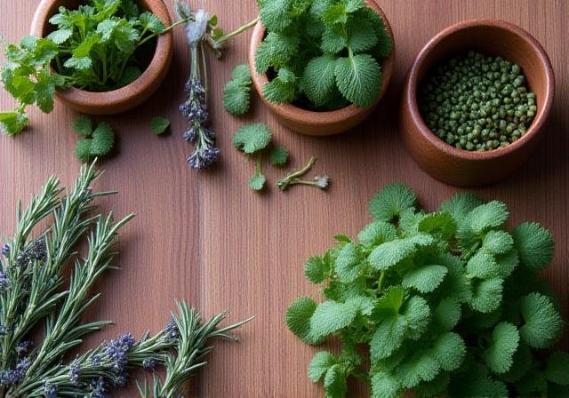 Assortment of fresh herbs and botanical tools layout