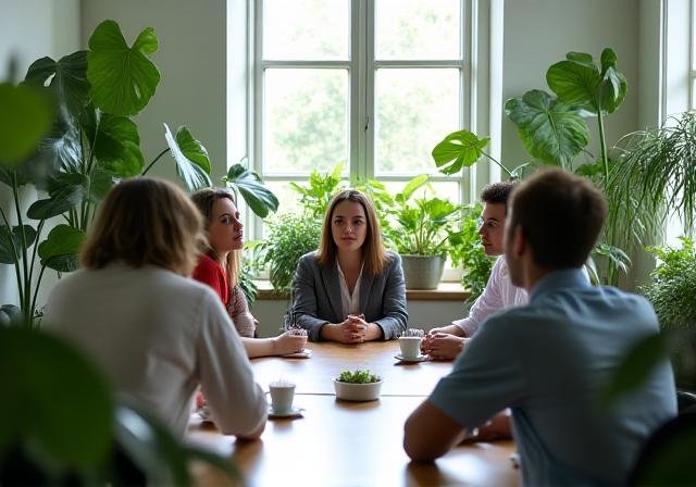 A professional group engaged in a calm discussion in a bright, plant-filled office